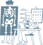 Illustration of a woman with a stethoscope and clipboard looking at a man standing behind an x-ray screen.