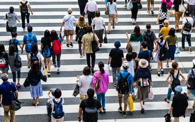 Crowd of people face away from the camera as they walk over a pedestrian crossing