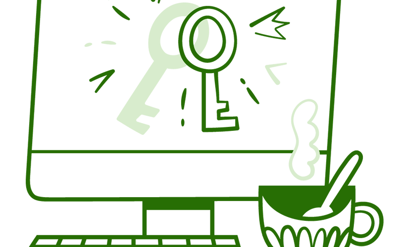 Illustration of a desktop computer with two keys on the screen.