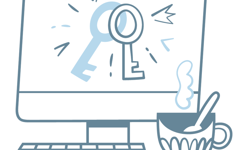 Illustration of a desktop computer with two keys on the screen.