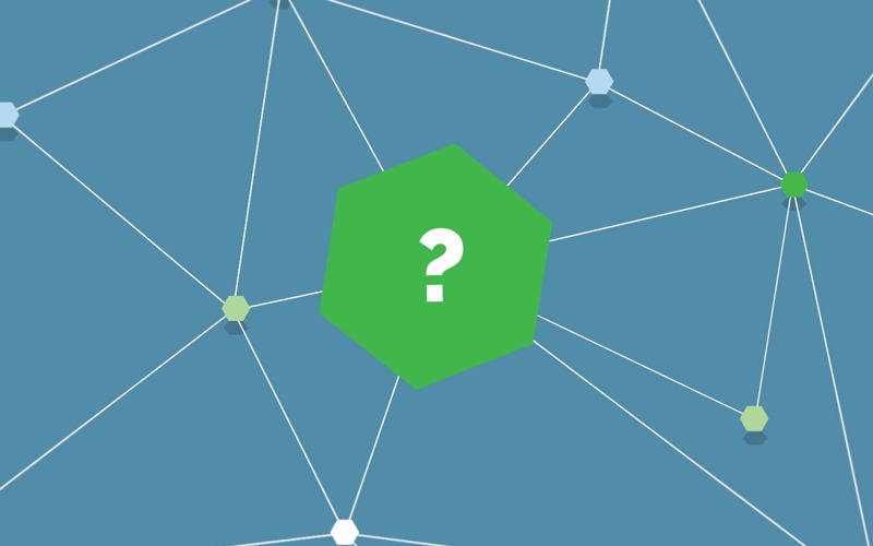 Small hexagons connected by white lines. A large hexagon in the middle has a question mark on it.