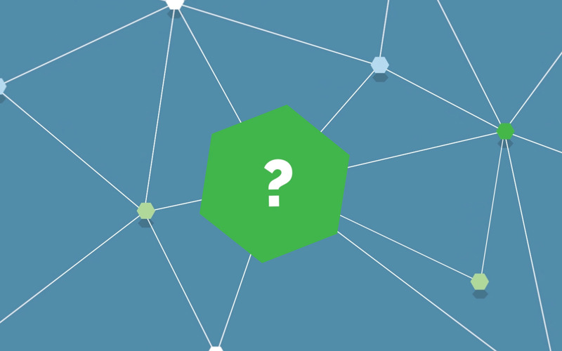 Small hexagons connected by white lines. A large hexagon in the middle has a question mark on it.