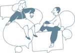 Illustration of a woman and man sitting on empty speech bubbles facing each other.