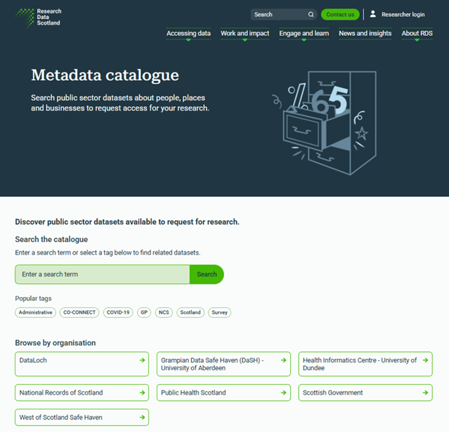Screenshot of the metadata catalogue search page