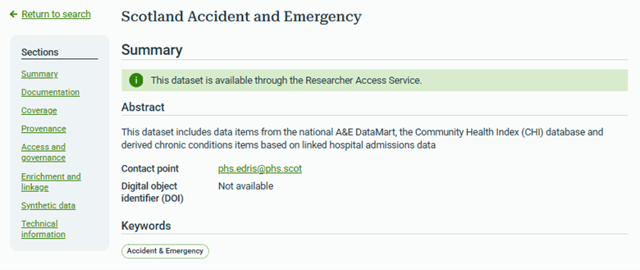 Screenshot of an entry for 'Scottish Accident and Emergency' in the metadata catalogue