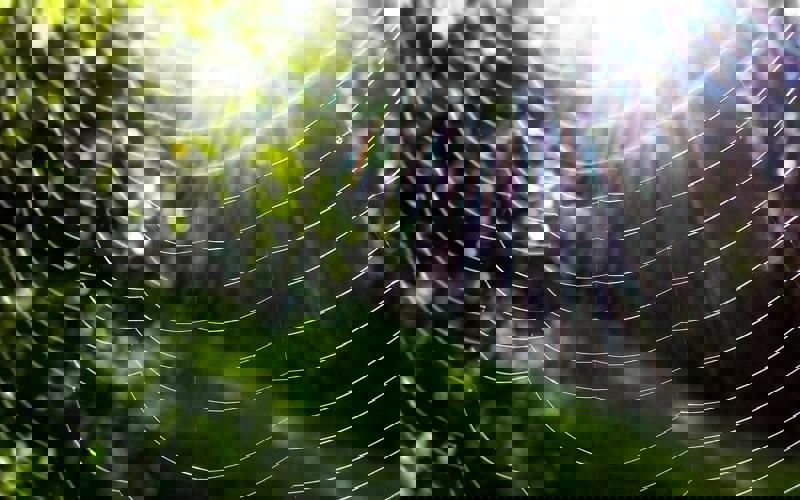 Spiderweb with multiple lines, trees in background.