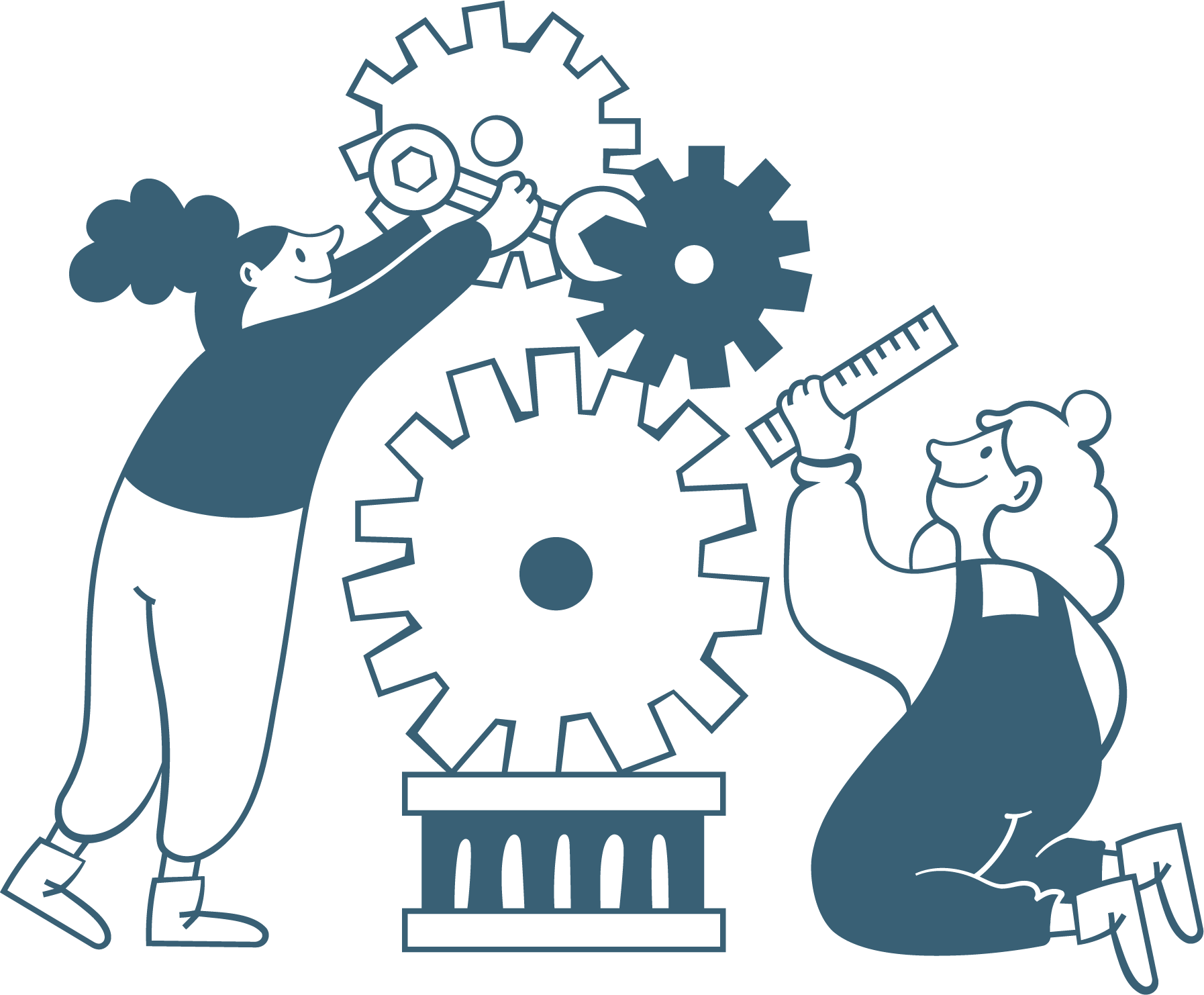 Illustration of two people fixing a set of three giant gears.