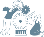 Illustration of two people fixing a set of three giant gears.