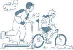 Illustration of a person riding a scooter and a person riding a bike.