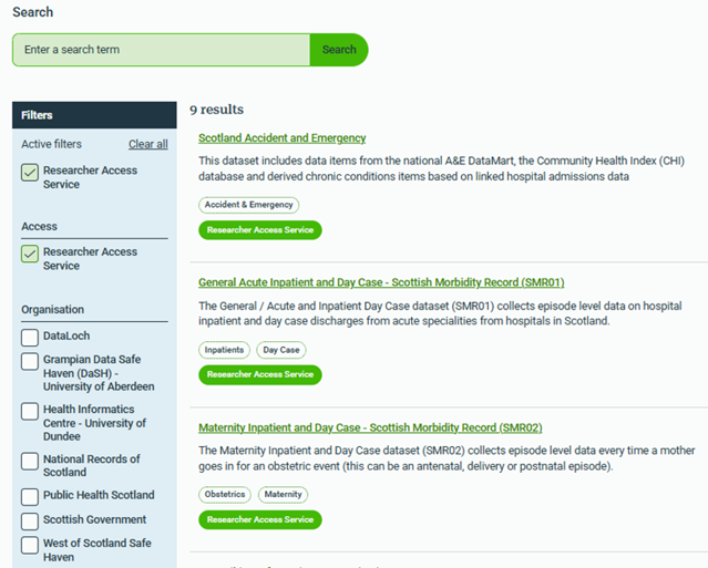 Screenshot of the metadata catalogue search results page